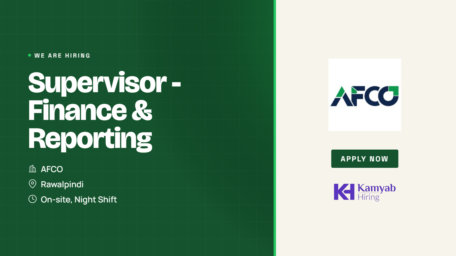 AFCO Jobs 2026 - Supervisor Finance & Reporting in Rawalpindi