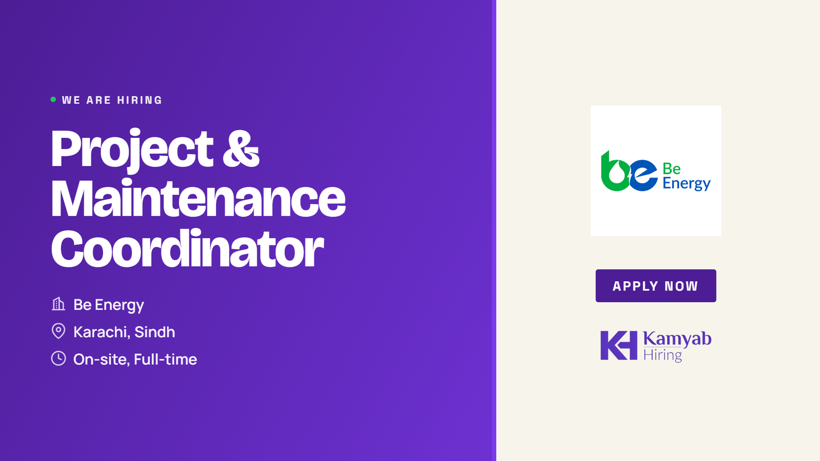 Be Energy Jobs 2026 - Project & Maintenance Coordinator in Karachi