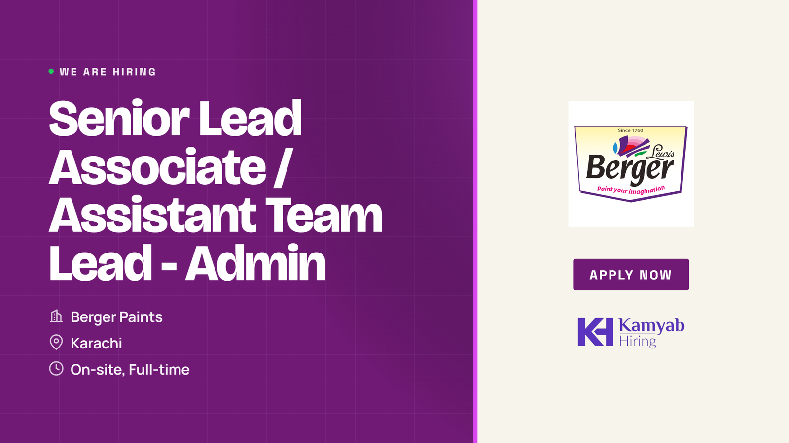 Berger Paints Jobs 2026 - Senior Lead Associate Admin in Karachi