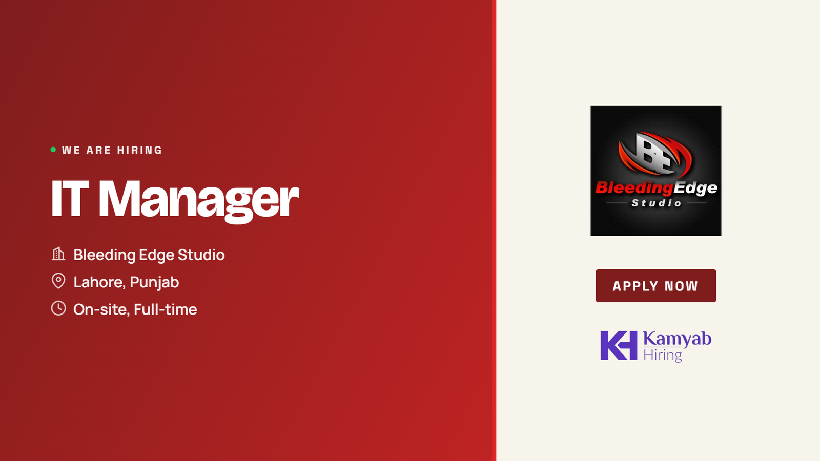 Bleeding Edge Studio Jobs 2026 - IT Manager in Lahore
