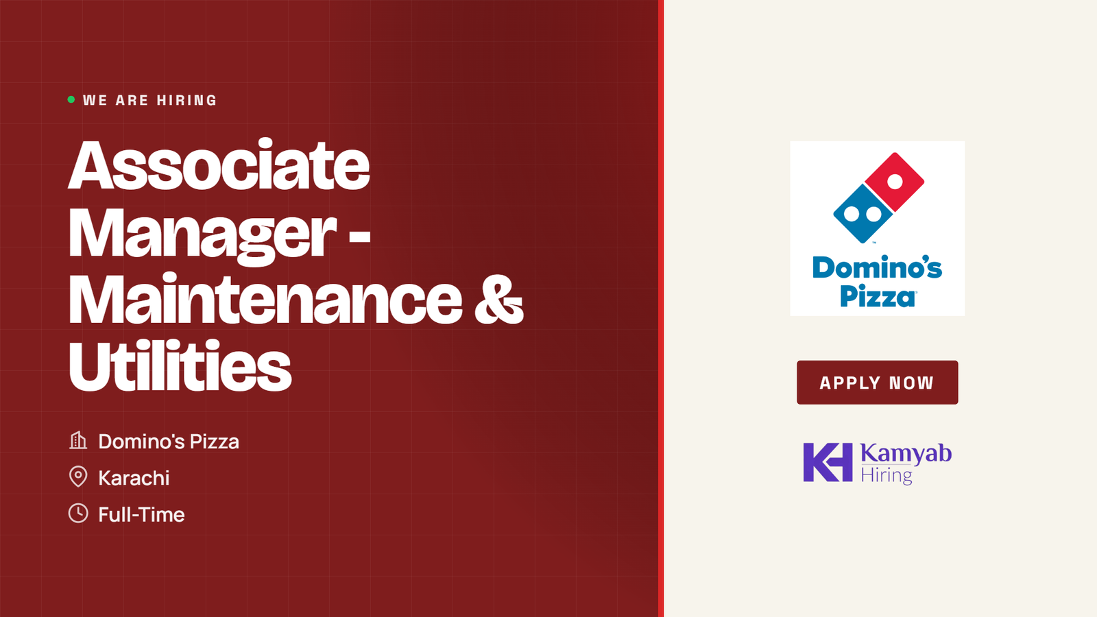 Domino's Pizza Jobs 2026 - Associate Manager Maintenance & Utilities in Karachi