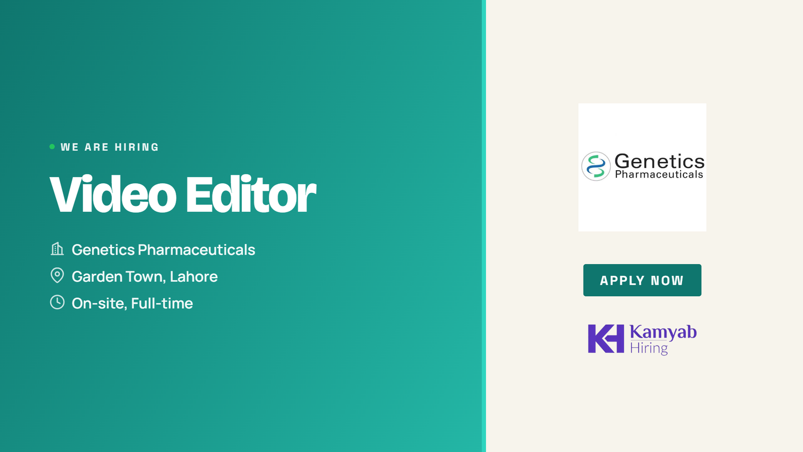 Genetics Pharmaceuticals Jobs 2026 - Video Editor in Lahore