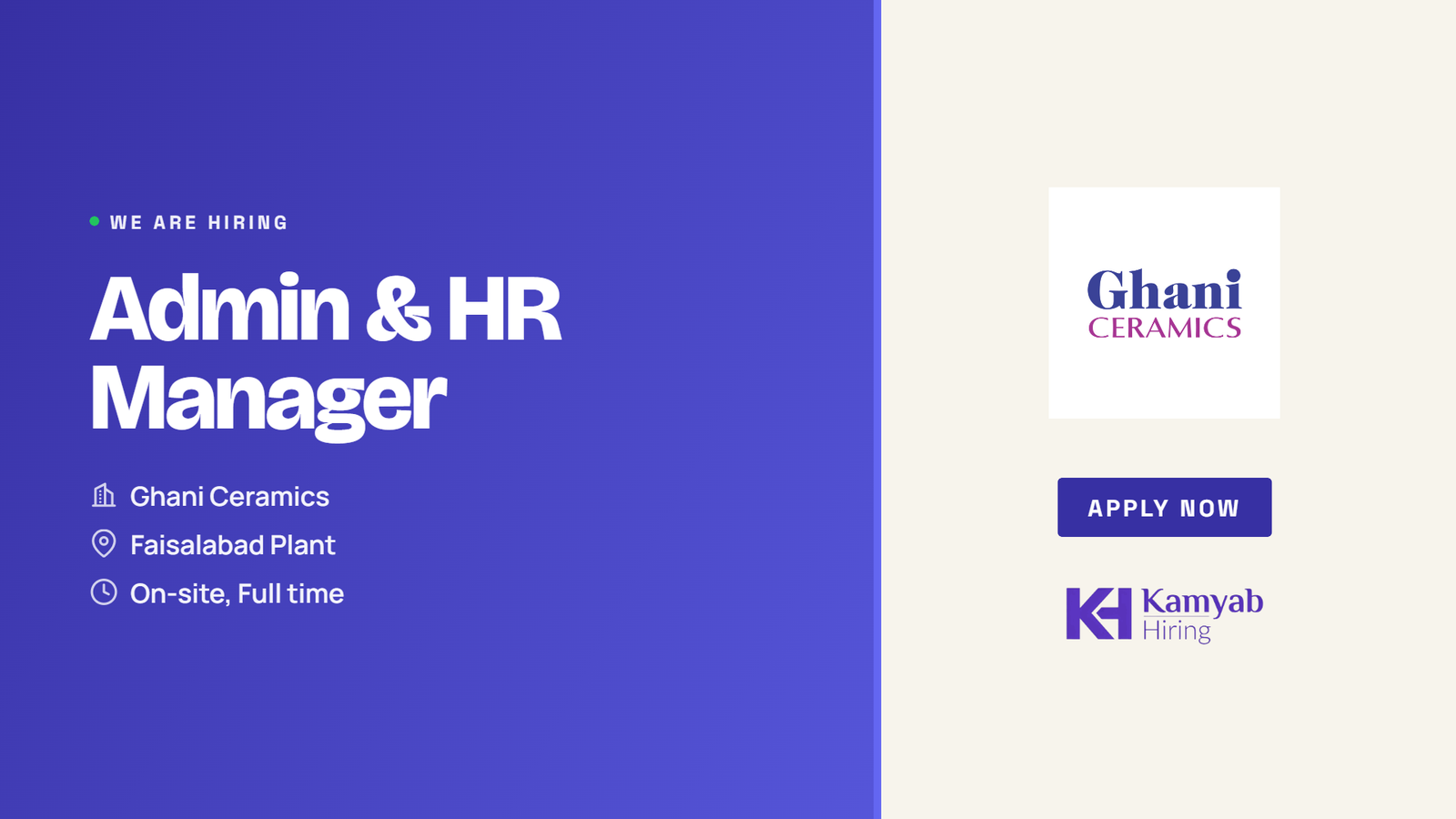 Ghani Ceramics Jobs 2026 - Admin & HR Manager in Faisalabad