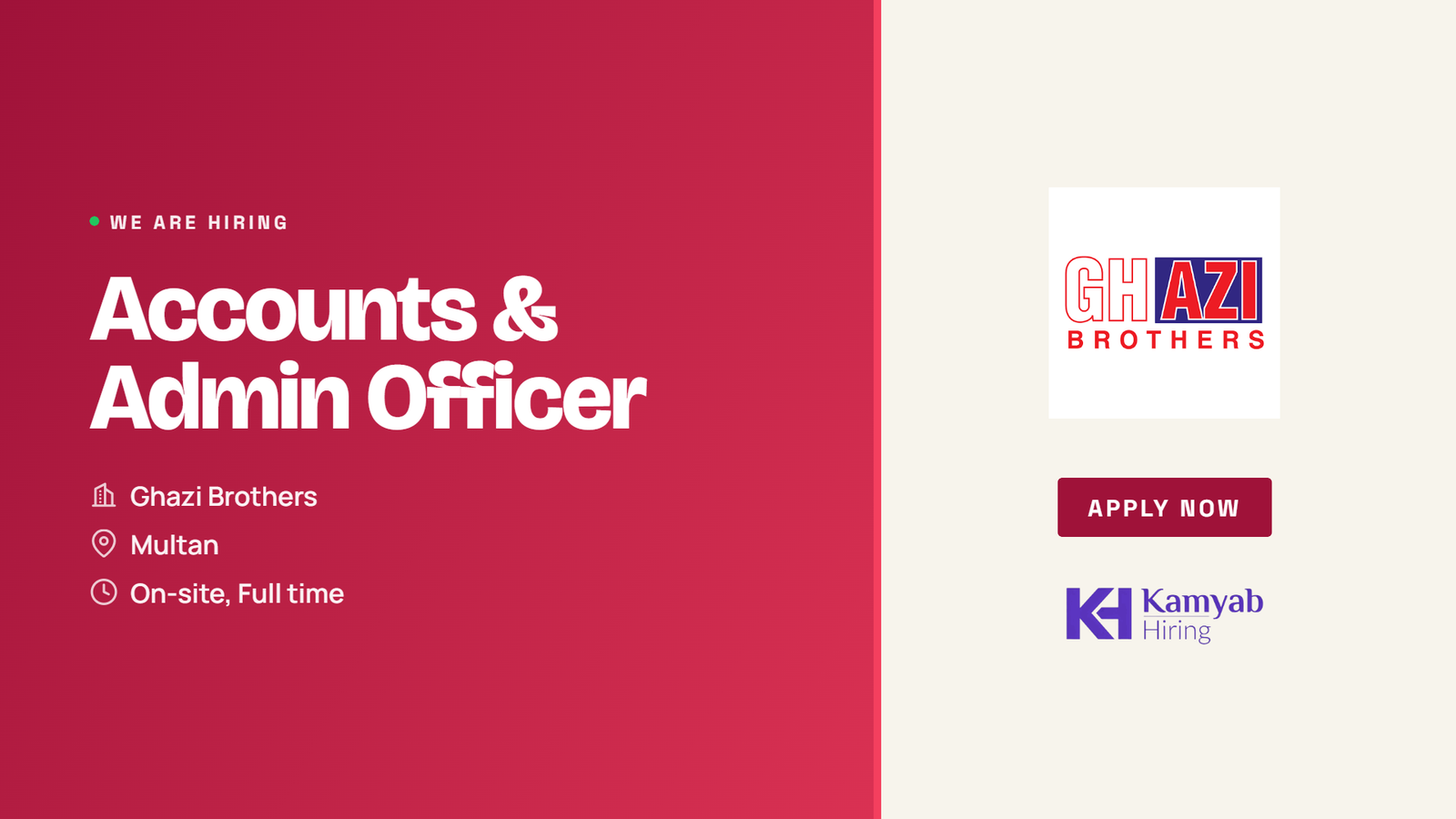 Ghazi Brothers Jobs 2026 - Accounts & Admin Officer in Multan