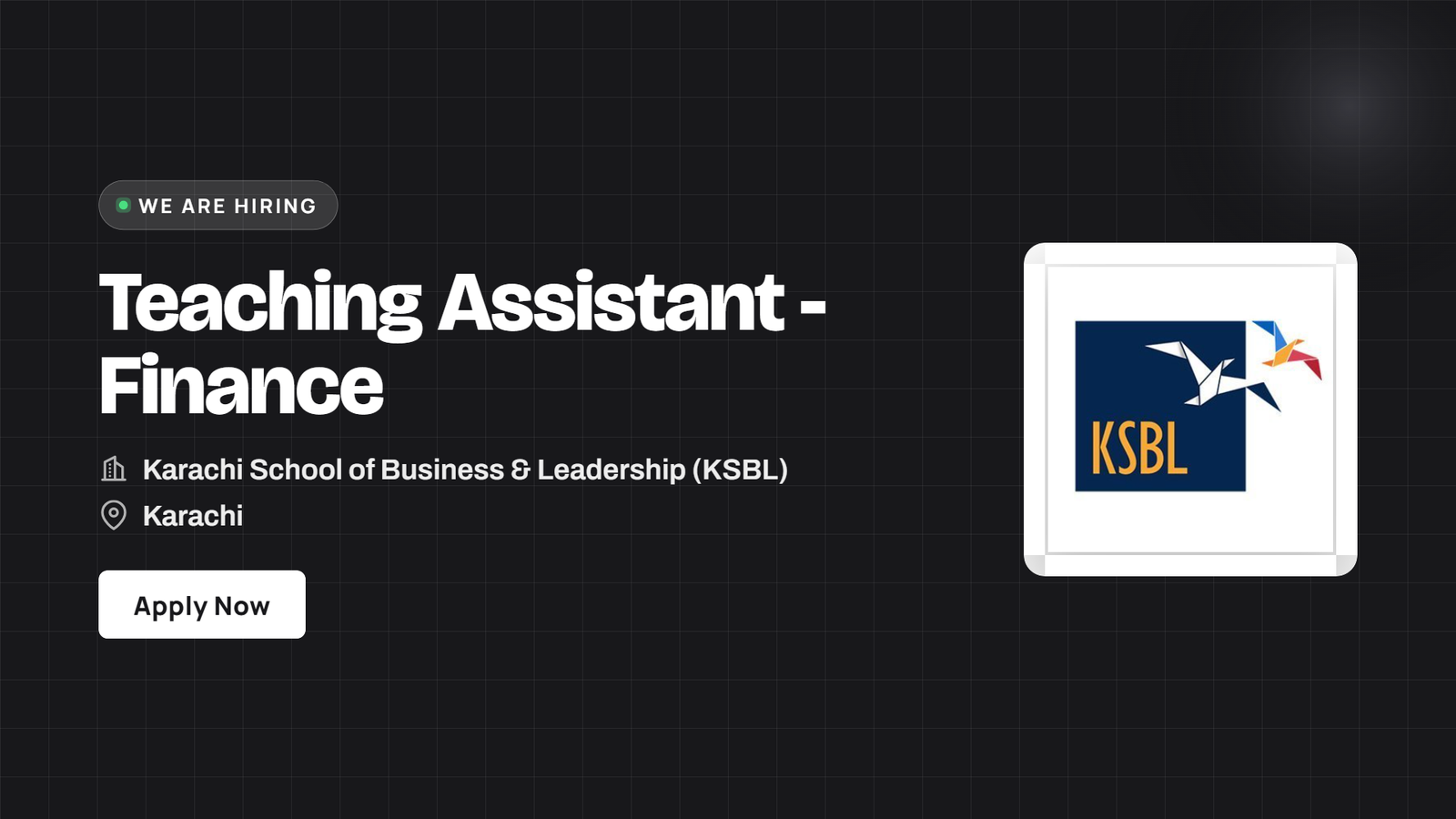 KSBL Jobs 2026 - Teaching Assistant Finance in Karachi