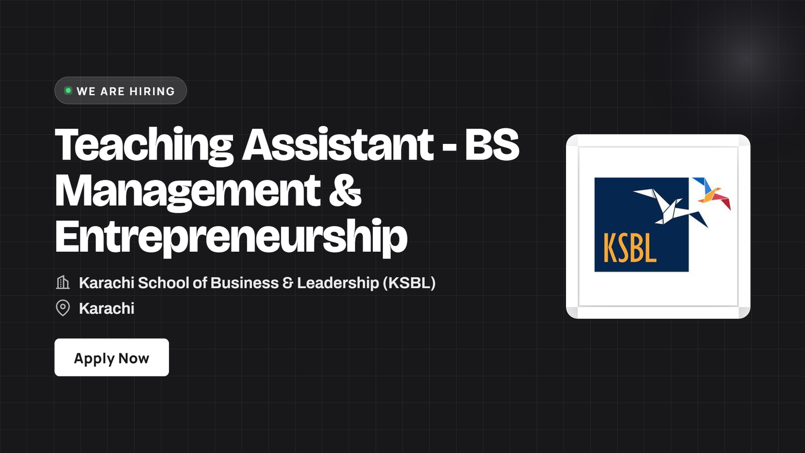 KSBL Jobs 2026 - Teaching Assistant BS Management & Entrepreneurship in Karachi
