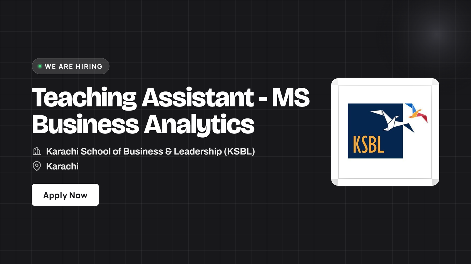KSBL Jobs 2026 - Teaching Assistant MS Business Analytics in Karachi