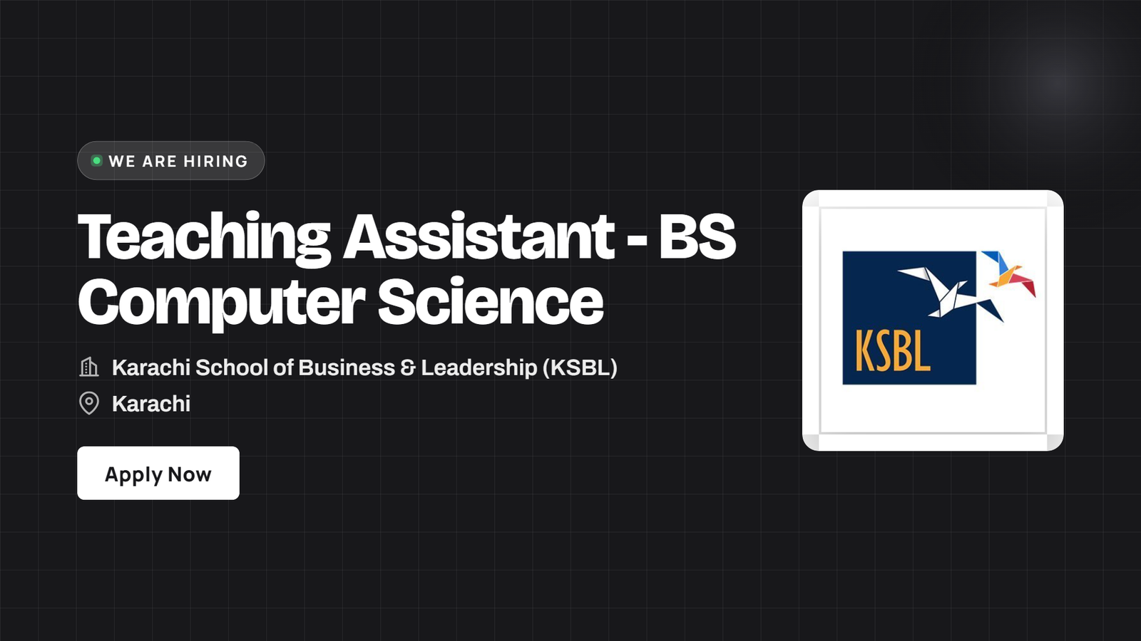 KSBL Jobs 2026 - Teaching Assistant BS Computer Science in Karachi