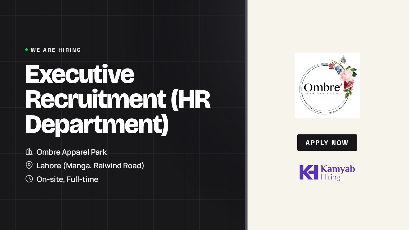 Ombre Apparel Park Jobs 2026 - Executive Recruitment in Lahore