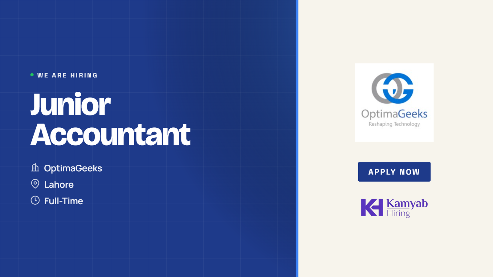 OptimaGeeks Jobs 2026 - Junior Accountant in Lahore