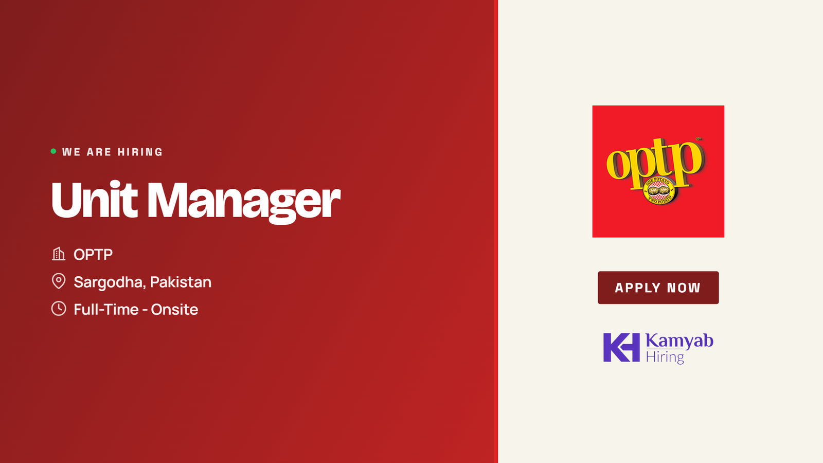OPTP Jobs 2026 - Unit Manager in Sargodha