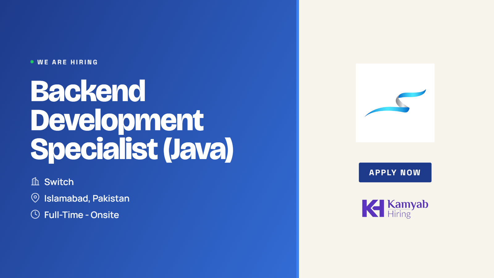 Switch Jobs 2026 - Backend Development Specialist (Java) in Islamabad