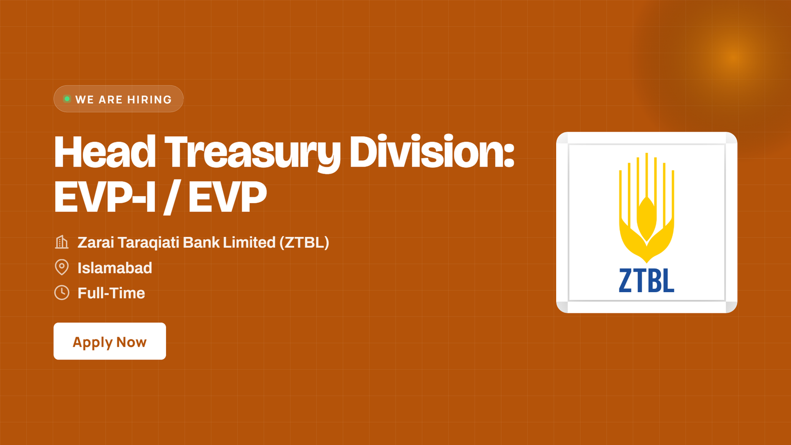 ZTBL Jobs 2026 - Head Treasury Division EVP in Islamabad
